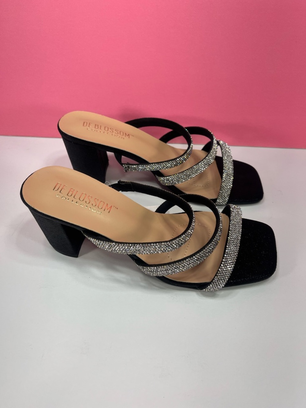 Black Rhinestone Strappy Block Heel Sandals size 7 Wide width fit extra comfort